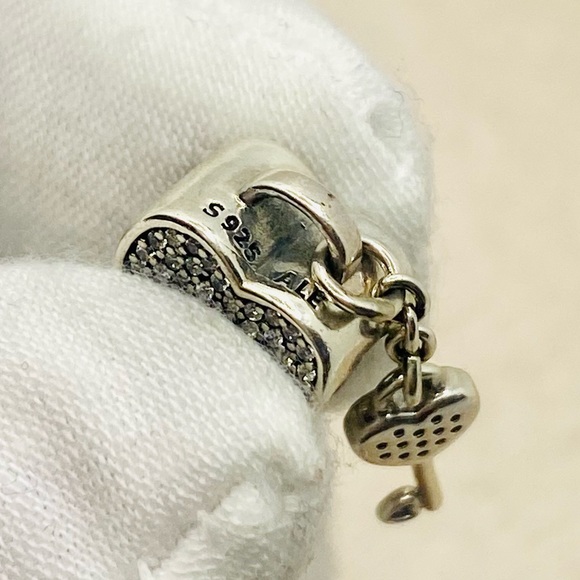 EUC Pandora 791429CZ Sterling Silver Lock of Love Heart Dangle Charm w/ CZ’s - Picture 8 of 9